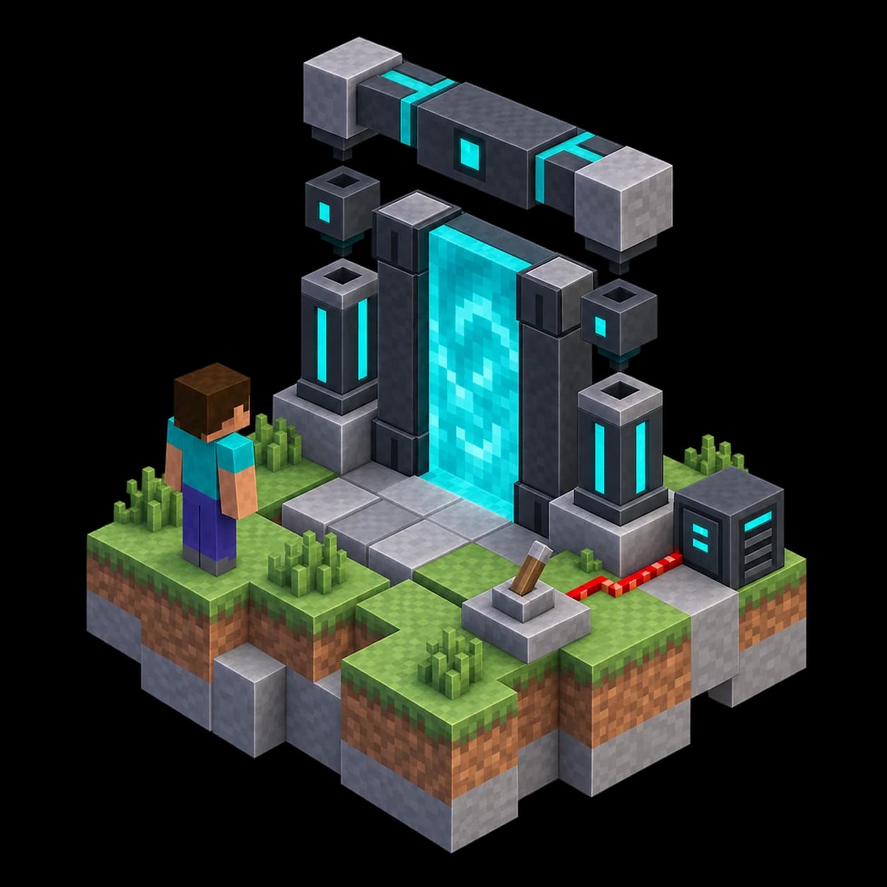 Minecraft-Portal in Explosionsdarstellung mit einem individuellen Redstone-Mechanismus.