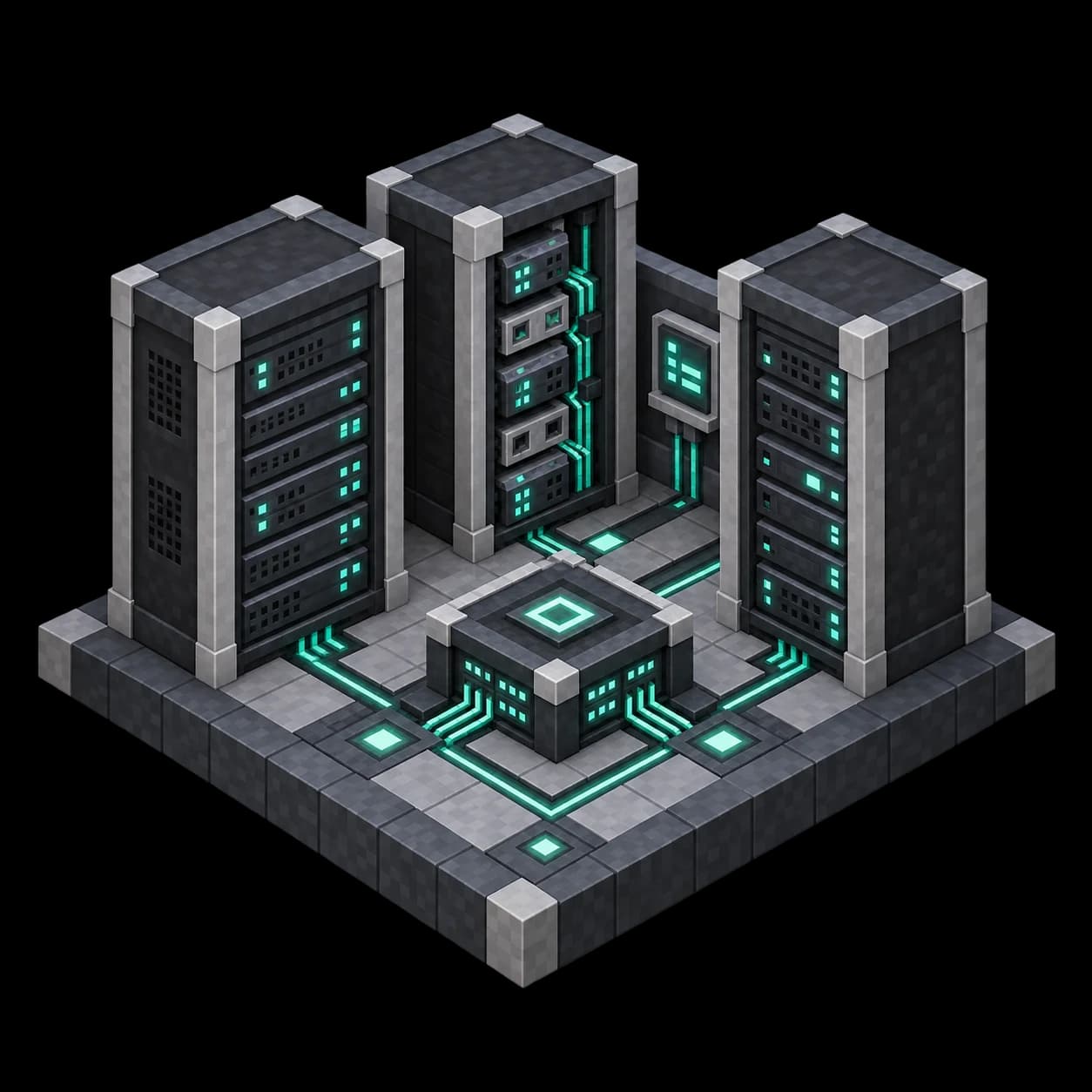 Racks de servidores de estilo Minecraft conectados a un nodo central de red.