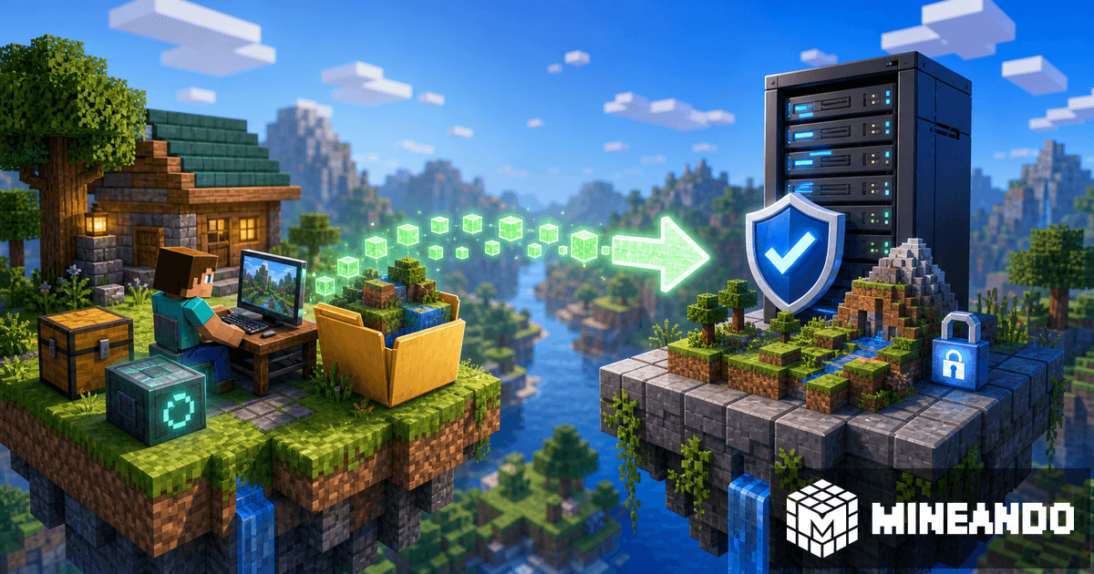 Illustration of a Minecraft world being downloaded and safely uploaded with a backup to a Mineando server