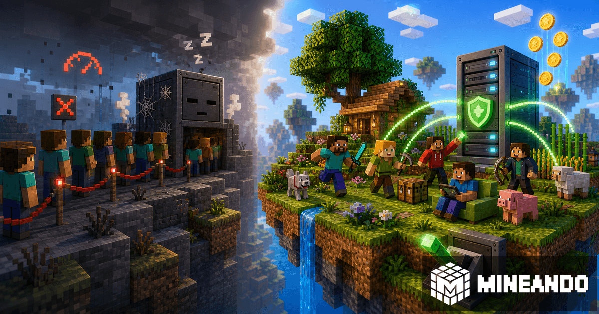 Ilustración de hosting Minecraft gratis 24/7 con cola y lag frente a servidor Mineando estable por horas