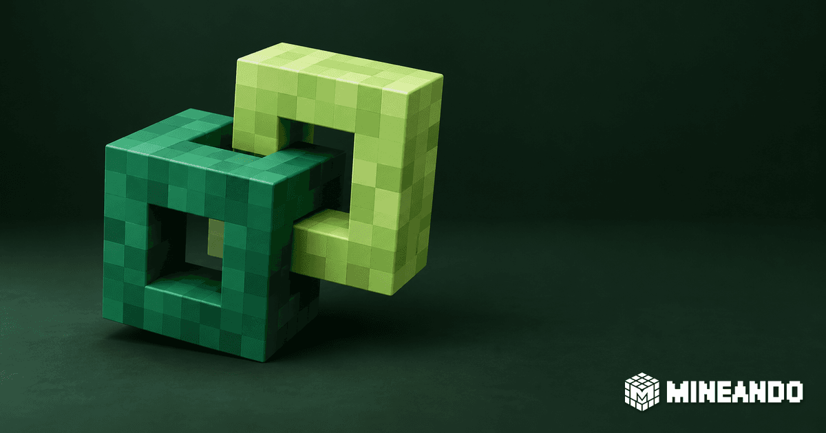 Two interlocking square green chain links on a dark background with white Mineando branding.