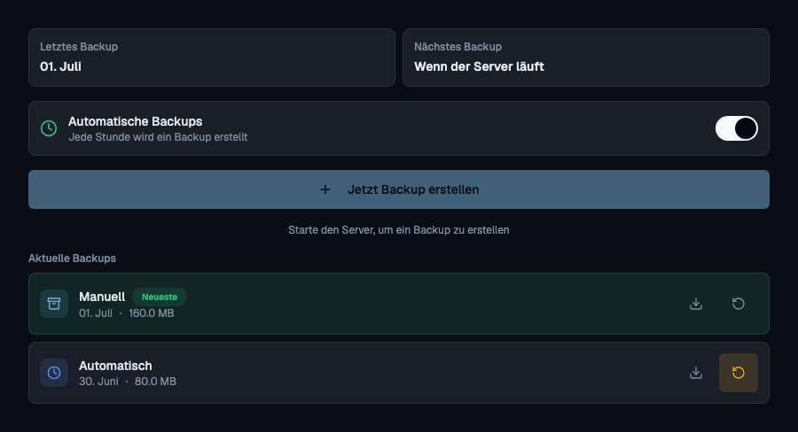 Mineandos echte Backup-Oberfläche mit Demo-Backups und Wiederherstellungsfunktionen.