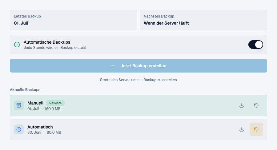 Mineandos echte Backup-Oberfläche mit Demo-Backups und Wiederherstellungsfunktionen.