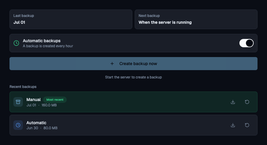 Mineando’s actual backup interface showing demonstration backups and recovery controls.