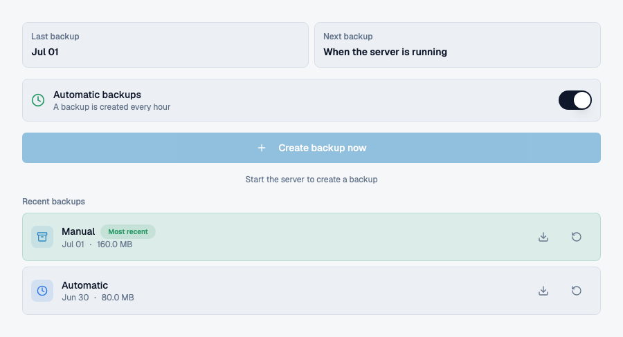 Mineando’s actual backup interface showing demonstration backups and recovery controls.