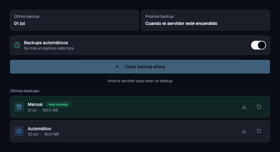 Interfaz real de copias de Mineando con copias de demostración y controles de recuperación.