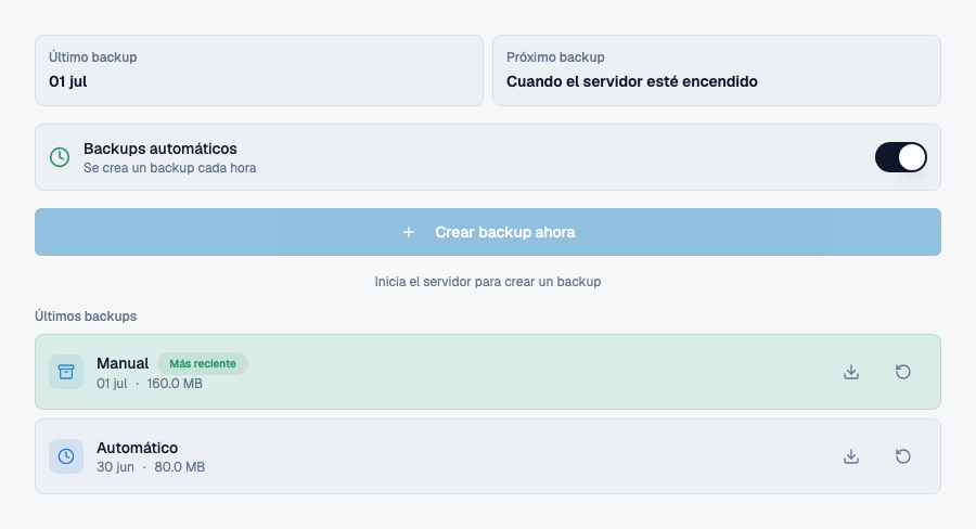 Interfaz real de copias de Mineando con copias de demostración y controles de recuperación.