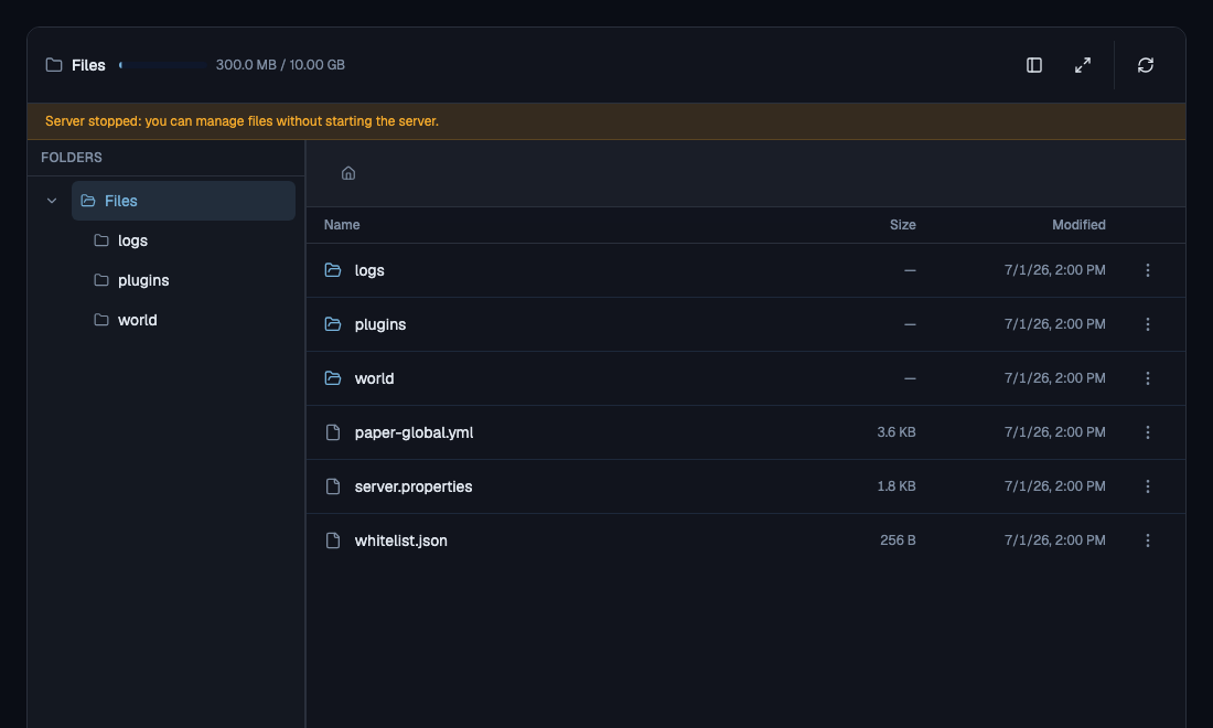 Mineando’s actual file manager showing example world, plugin and configuration files.