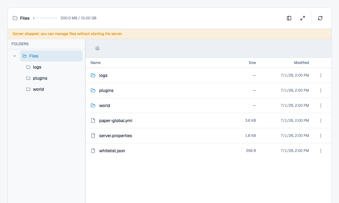 Mineando’s actual file manager showing example world, plugin and configuration files.