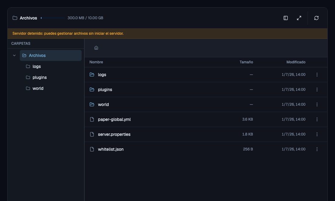 Gestor de archivos real de Mineando con ejemplos de mundos, plugins y archivos de configuración.