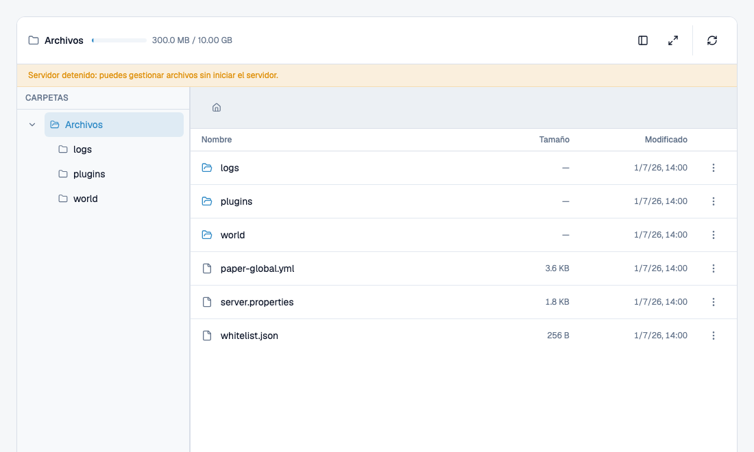 Gestor de archivos real de Mineando con ejemplos de mundos, plugins y archivos de configuración.