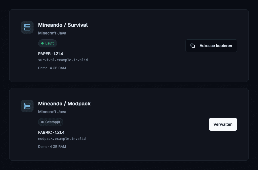 Zwei Serverkarten aus dem Mineando-Panel mit Software, Verbindungsadresse und Serverstatus. Demodaten.