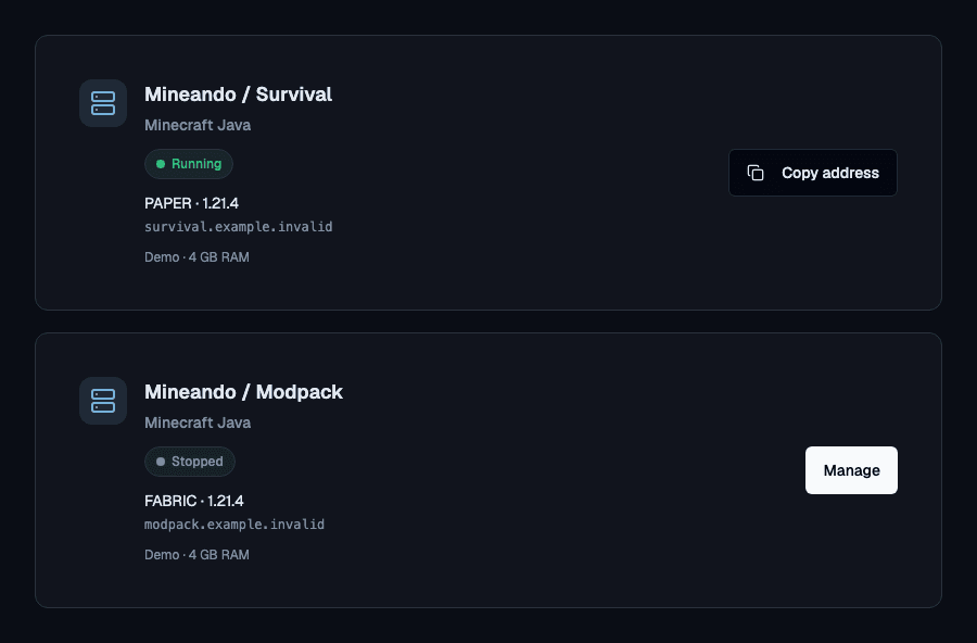 Two server cards from the Mineando control panel, showing software, connection address and server state. Demo data.
