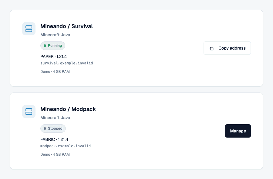 Two server cards from the Mineando control panel, showing software, connection address and server state. Demo data.