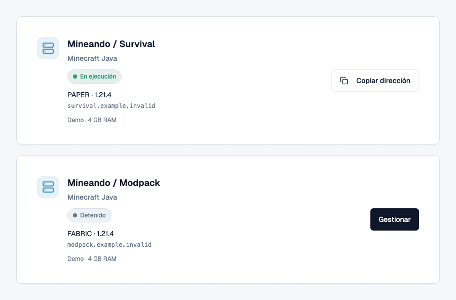Dos tarjetas del panel de Mineando con software, dirección de conexión y estado del servidor. Datos de demostración.
