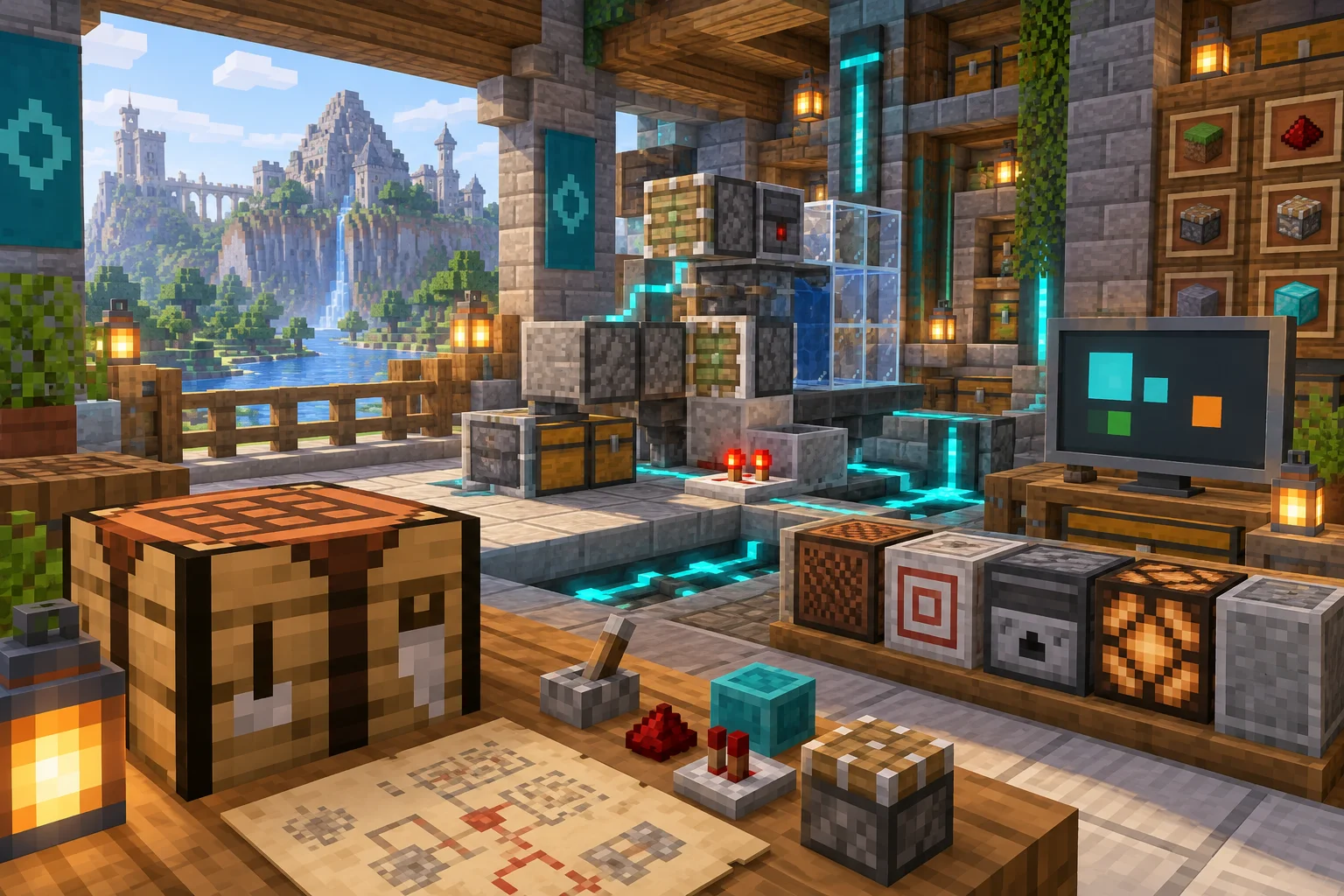 Illustrated Minecraft workshop with custom redstone mechanisms.