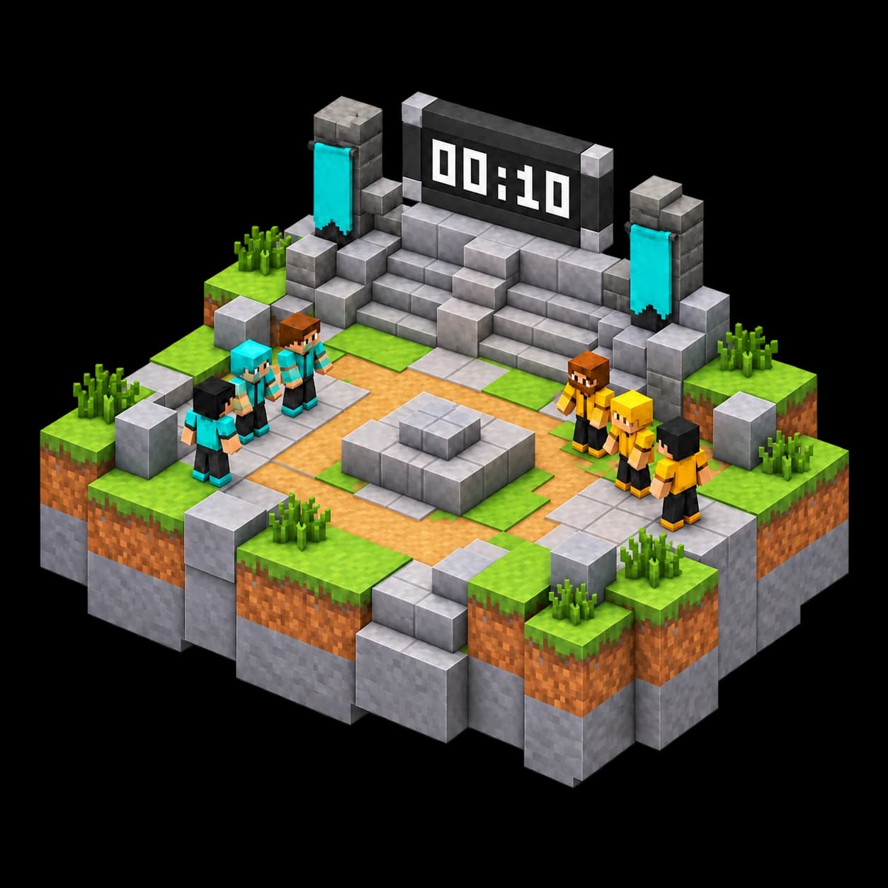 Arena de eventos de Minecraft con dos equipos y un marcador de cuenta atrás.