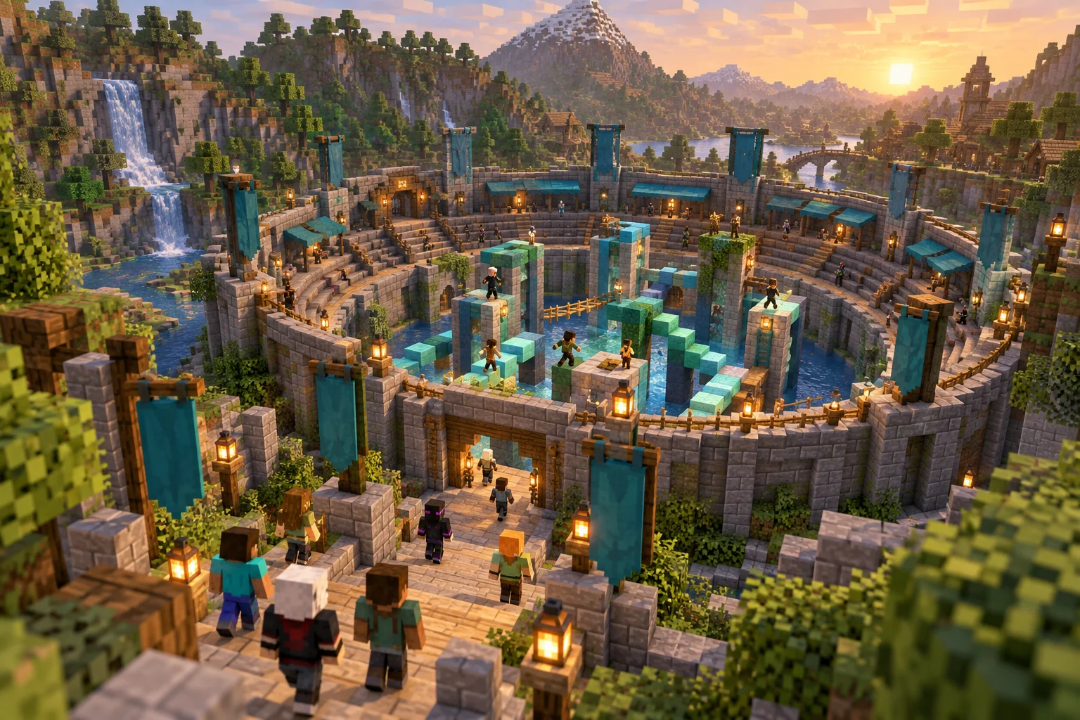 Ilustración conceptual de una arena de eventos de Minecraft con circuito de obstáculos.