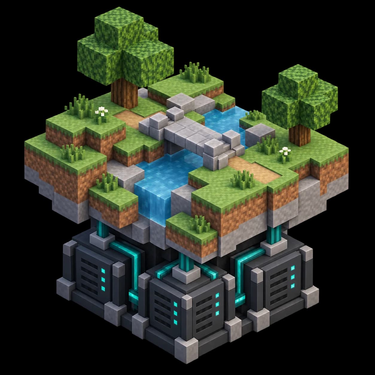 Minecraft-Diorama mit Fluss und Brücke über Serverinfrastruktur.