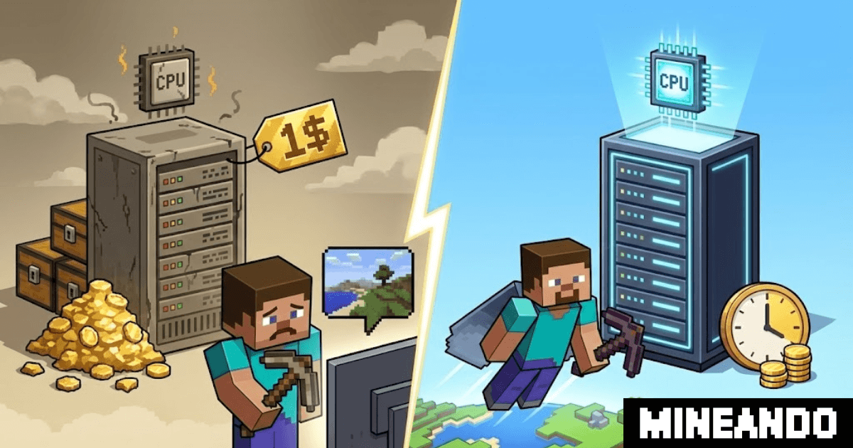 Comparativa hosting Minecraft $1 vs Mineando: Hardware de alta frecuencia y pago por uso frente a servidores baratos con lag