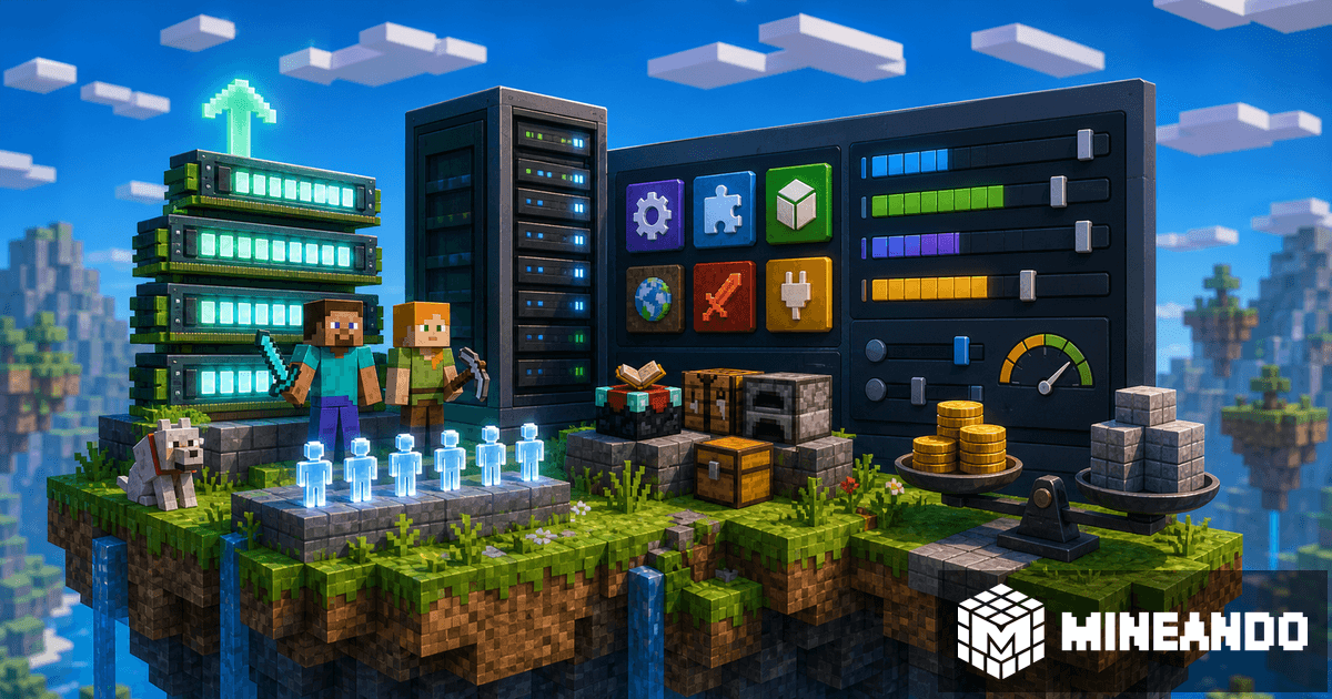 Illustration eines Minecraft-Hosting-Panels, das RAM, Spieler, Mods und echte Kosten eines Server-Plans vergleicht