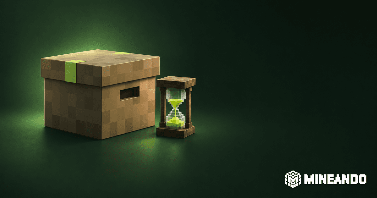 Eine Archivbox im Voxelstil neben einer Sanduhr vor dunkelgrünem Hintergrund.