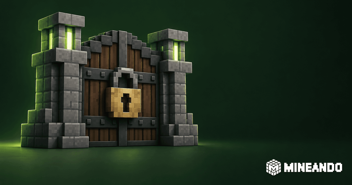 Closed voxel gate with a padlock on a dark green background and white Mineando branding.