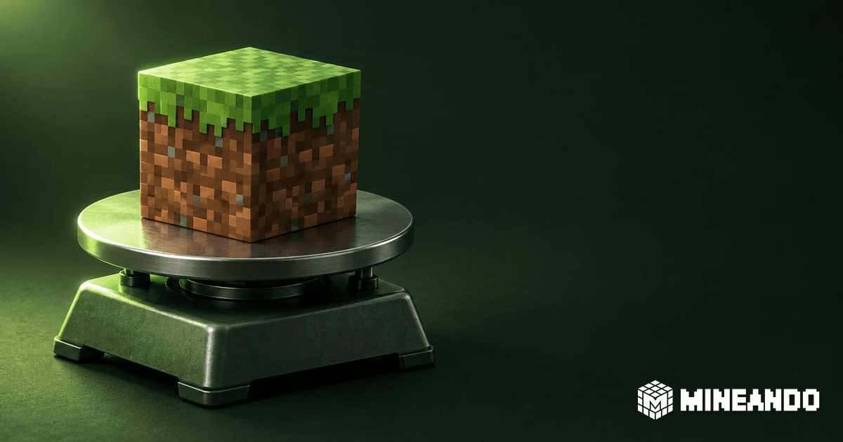 Bloque de césped voxel sobre una báscula, con fondo verde oscuro y marca Mineando blanca.