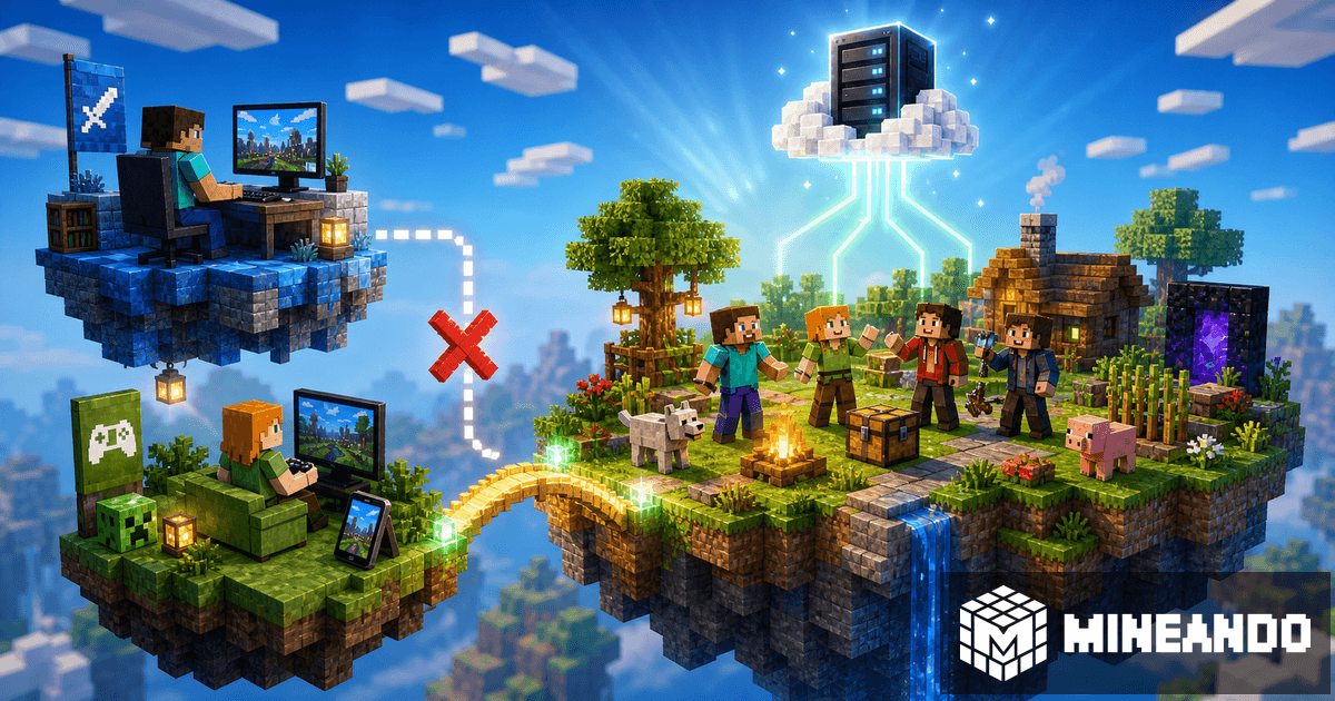 Ilustración de jugadores Java y Bedrock separados en Realms y conectándose a un servidor Mineando compartido