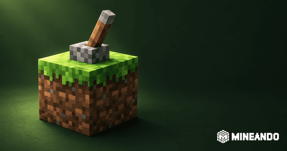 Hebel auf einem Voxel-Grasblock vor dunkelgrünem Hintergrund mit weißer Mineando-Marke.