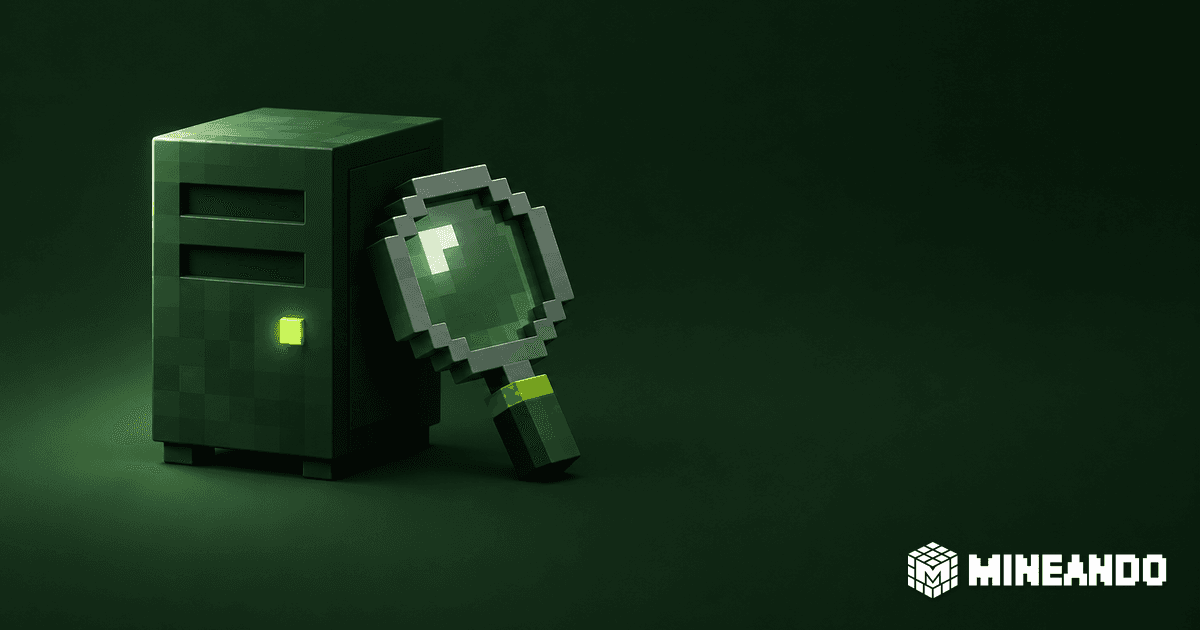 Servidor verde de estilo vóxel junto a una lupa, sobre fondo verde oscuro, con la marca Mineando blanca.