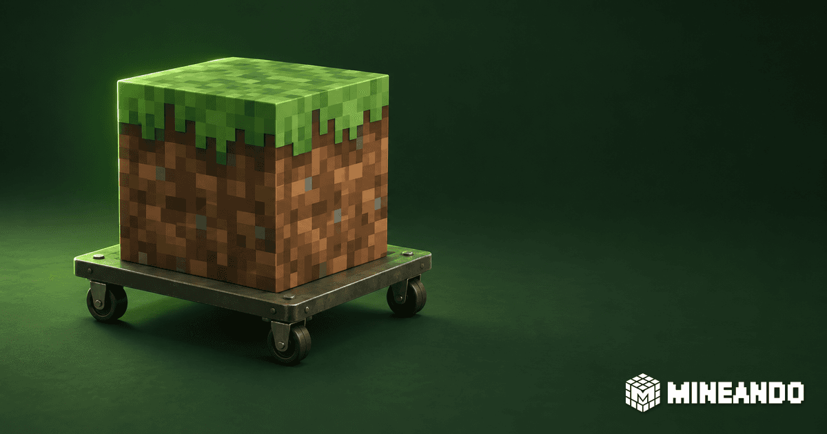 Grass block on a wheeled moving platform against a green background with white Mineando branding.