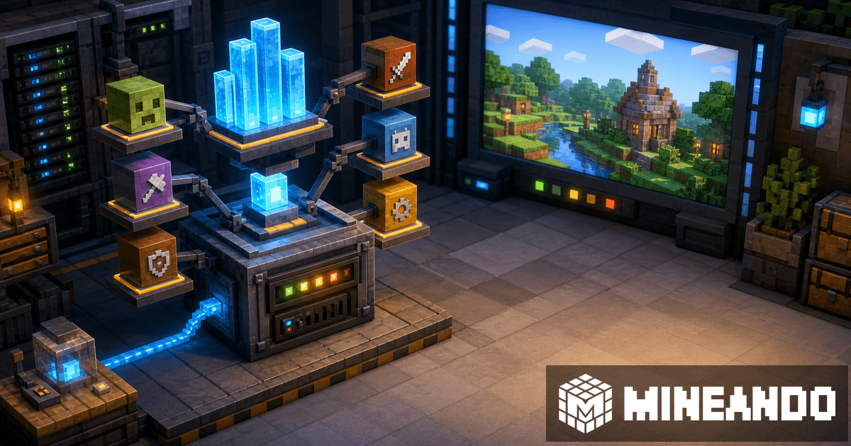 Minecraft-Serverlabor mit Plugin-Modulen und leuchtenden RAM-Balken