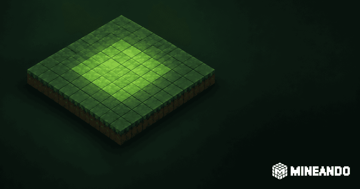 Plataforma voxel verde con el centro iluminado y marca blanca de Mineando sobre fondo oscuro.