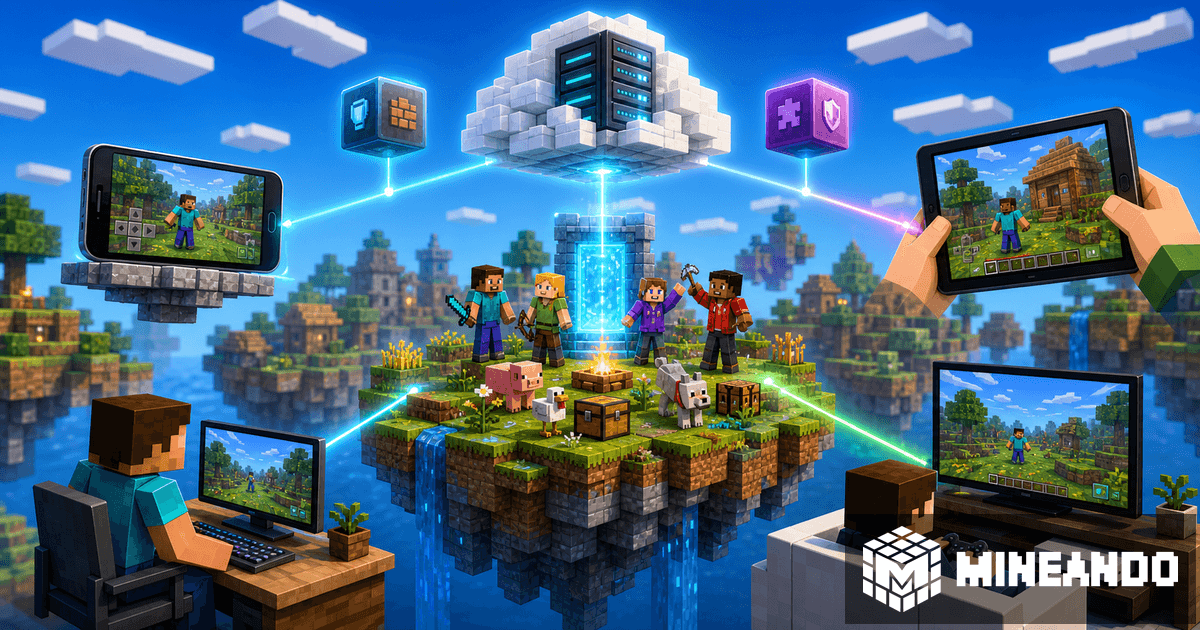 Illustration of PC mobile console and tablet players connected to a Mineando server for Java and Bedrock crossplay