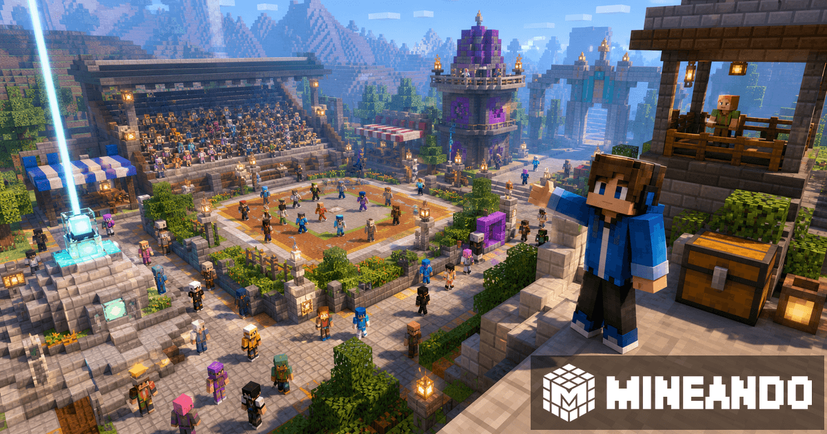 Minecraft-Event-Arena mit Community Spielern Moderatoren und vorbereitetem Server