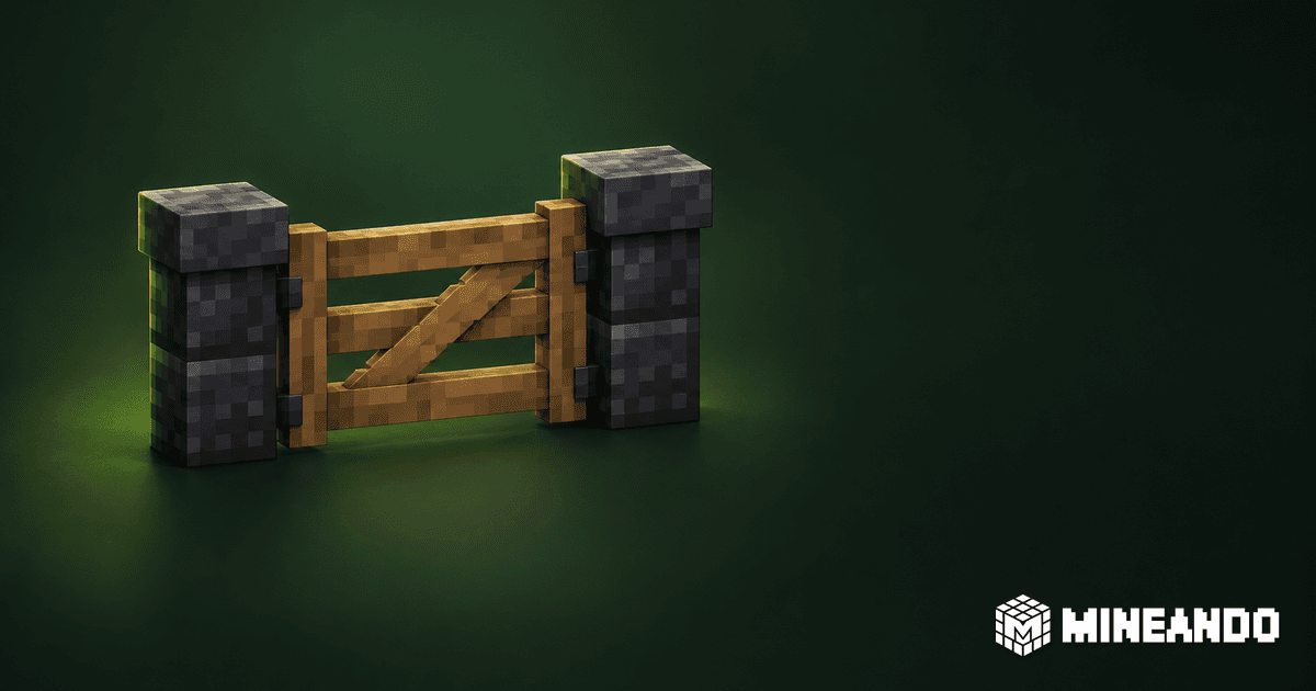 Geschlossenes Holztor im Voxelstil zwischen zwei Steinpfosten vor dunkelgrünem Hintergrund.