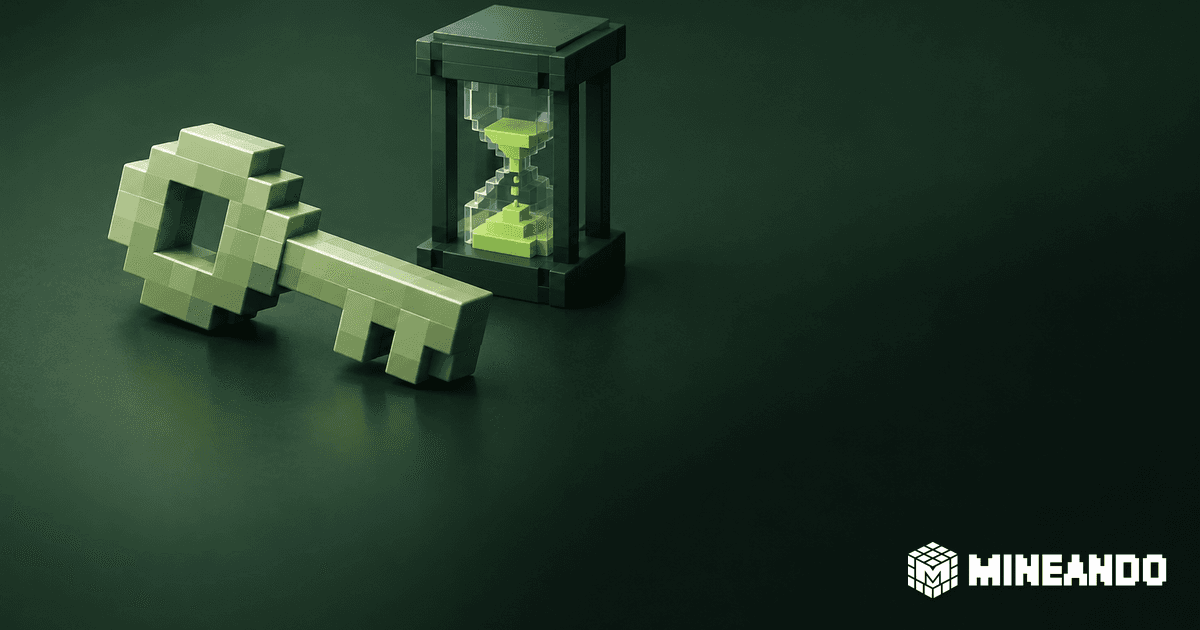 Llave voxel y reloj de arena sobre fondo verde oscuro, con la marca blanca de Mineando.