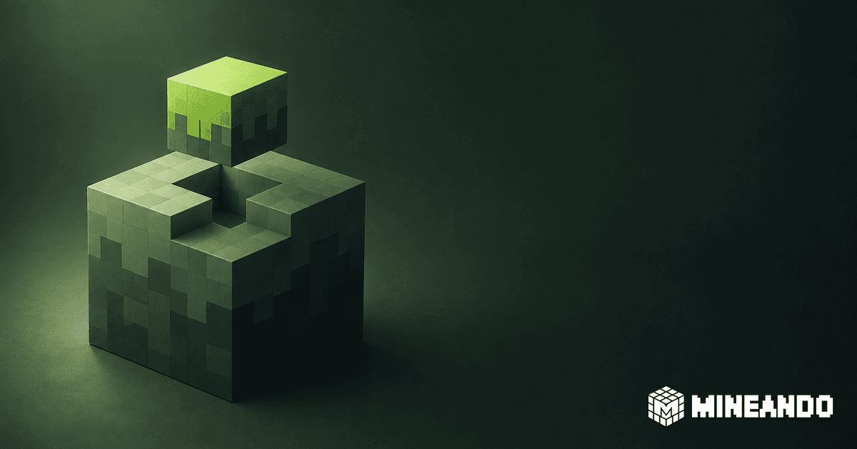 Dos piezas voxel verdes separadas para mostrar su ensamblaje, con la marca blanca de Mineando.