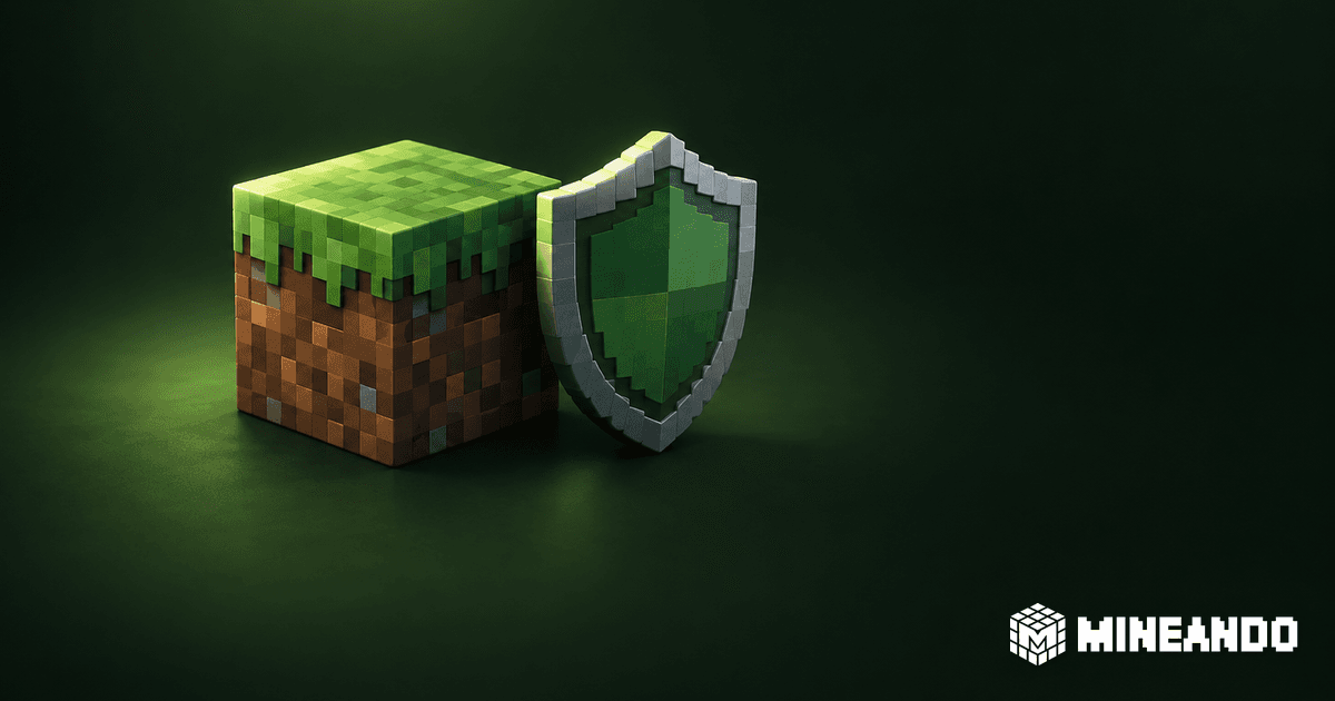Ein Voxel-Weltblock neben einem grünen Schild vor dunklem Hintergrund.