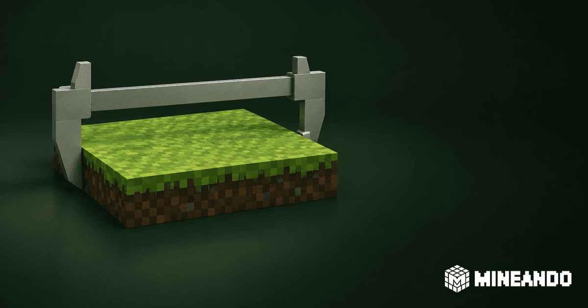 Ein Messschieber ohne Skala misst eine quadratische Voxel-Erdplatte vor dunkelgrünem Hintergrund.