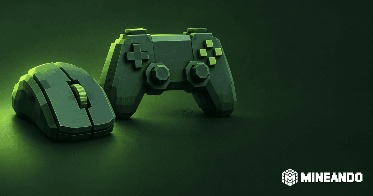 Voxel-style mouse and game controller on a dark green background, with white Mineando branding.