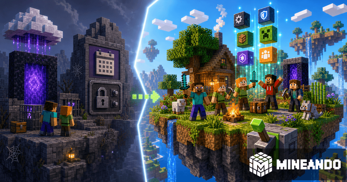 Ilustración de Minecraft Realms frente a un servidor Mineando flexible con jugadores, mods y control por horas