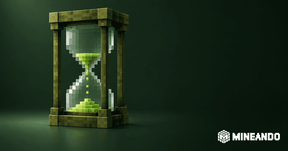 Voxel hourglass with lime-green sand on a dark green background and white Mineando branding.