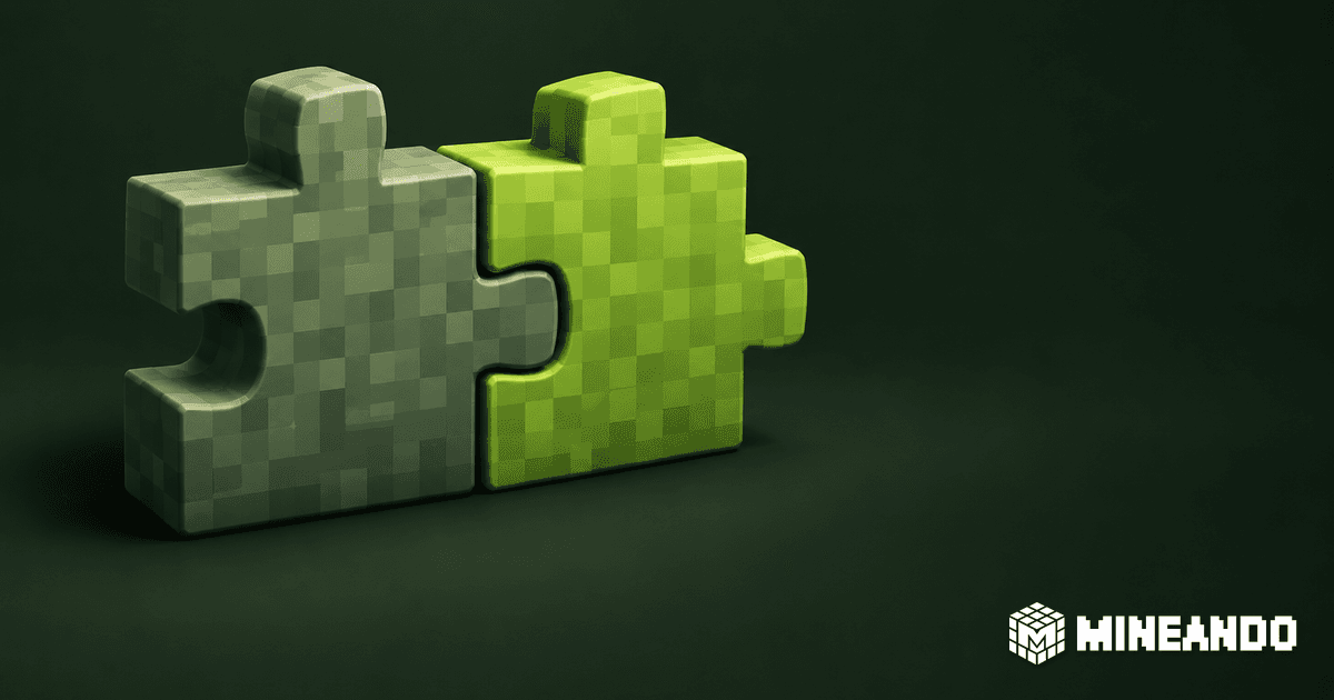 Zwei verbundene Voxel-Puzzleteile in Graugrün und Limettengrün vor einem dunkelgrünen Hintergrund.